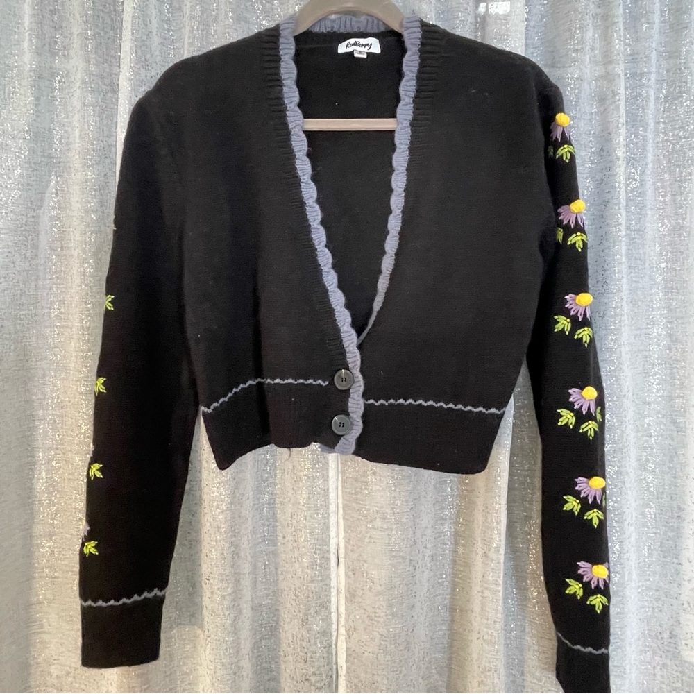 Black Cardigan cropped with Floral Accents size Small